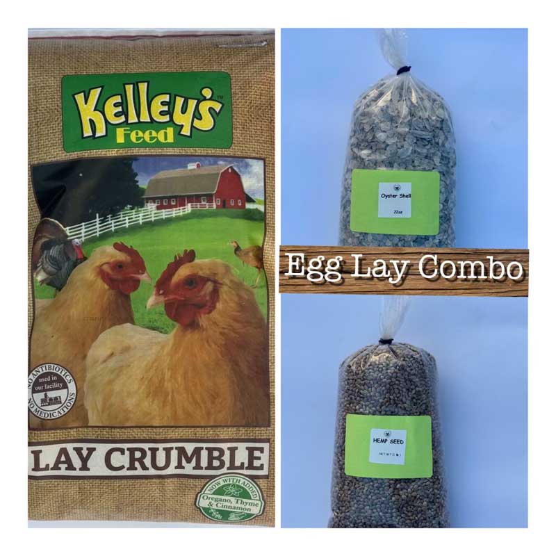 Egg Lay Combo (50lbs Lay Crumble/ 22oz Oyster Shell/ 1lbs Hemp)